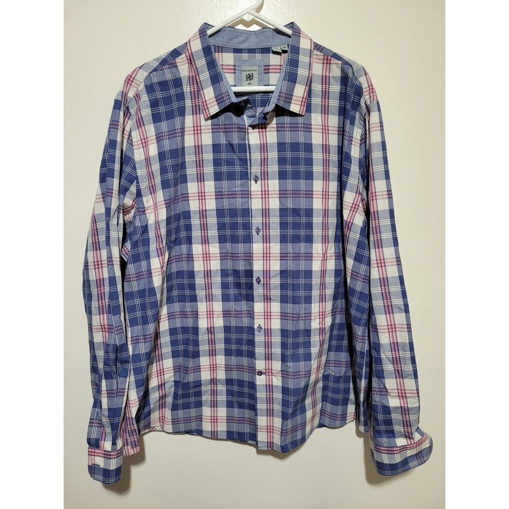Bachrach Button‎ Down Shirt Mens 3XL Blue Pink Plaid Long Sleeve Cotton